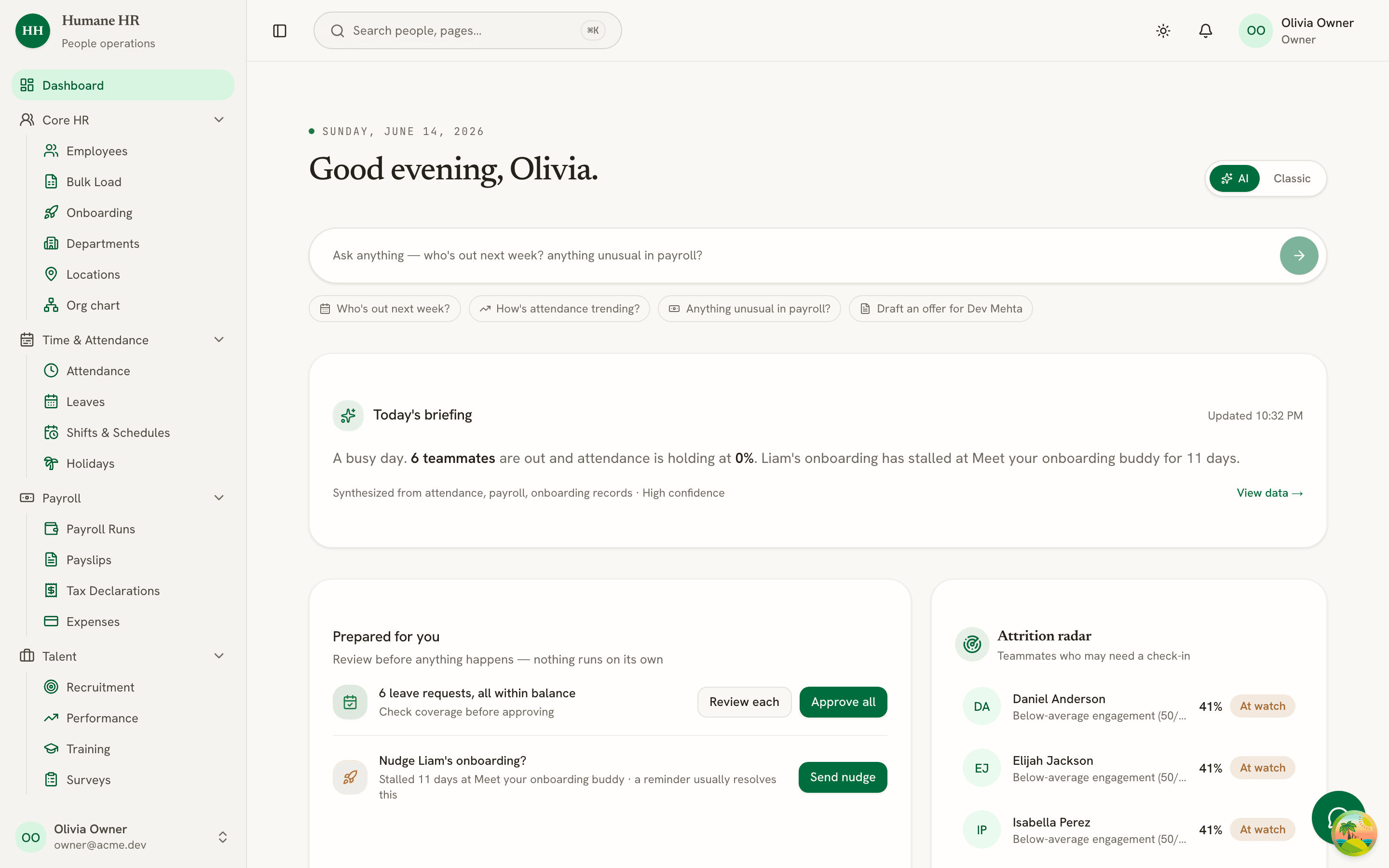 The Humane HR dashboard — people ops, payroll and time off in one place